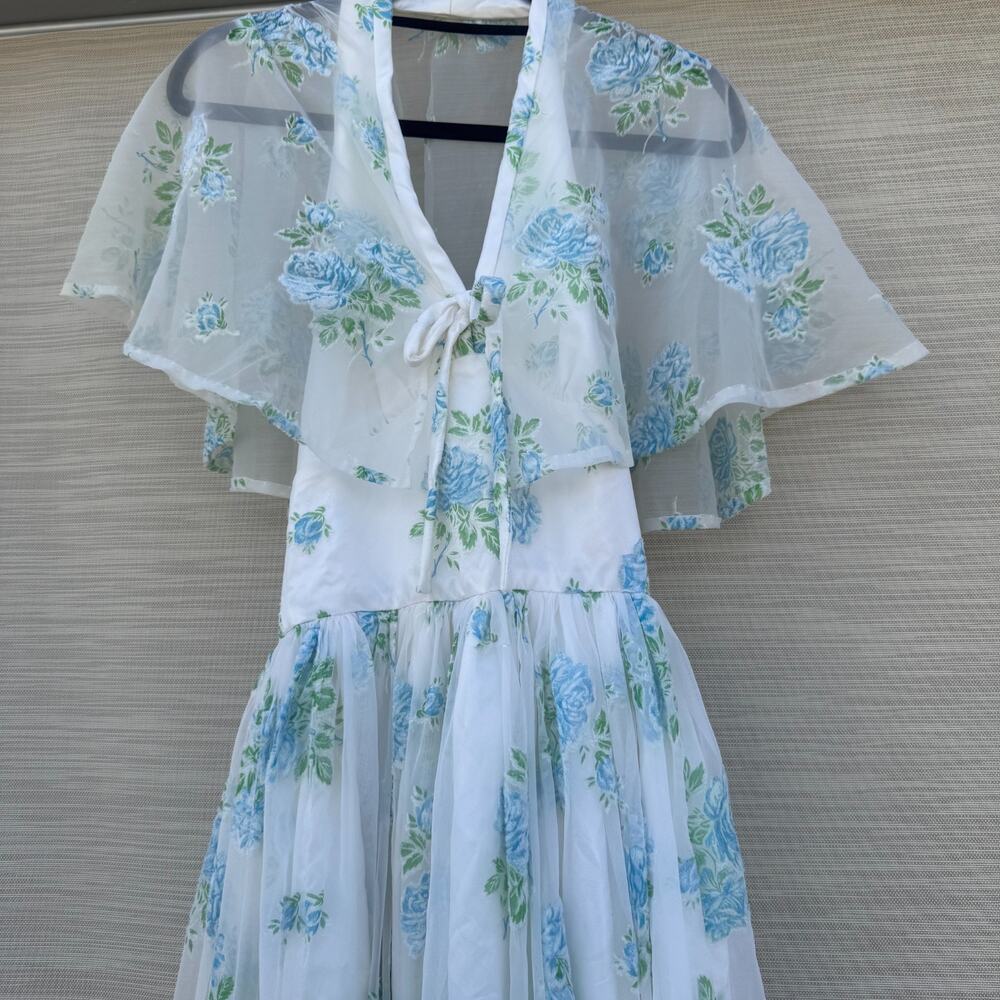 Vintage Floral Halter Maxi Dress with Sheer Cape Romantic Satin Gown Low Back XS - Picture 5 of 10